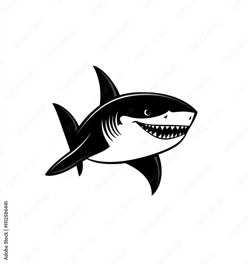Here's a possible and keyword list for your image.. Cartoon great white shark illustration, black and white. Here's a possible and keyword list for your image.. Cartoon great white shark illustration, black and white.