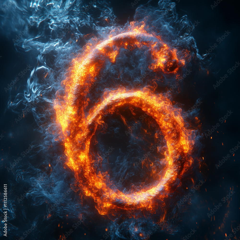 Fototapeta premium Fiery number six created with vibrant flames and smoke on dark background