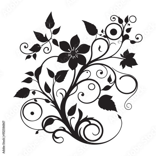 Black and white silhouette of a flower with intricate swirling vines and leaves