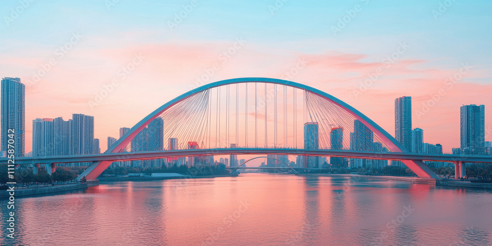 Urban skyline with stunning arch bridge reflecting in water at sunset, showcasing vibrant colors and modern architecture, creating serene atmosphere Urban skyline with stunning arch bridge reflecting in water at sunset, showcasing vibrant colors and modern architecture, creating serene atmosphere