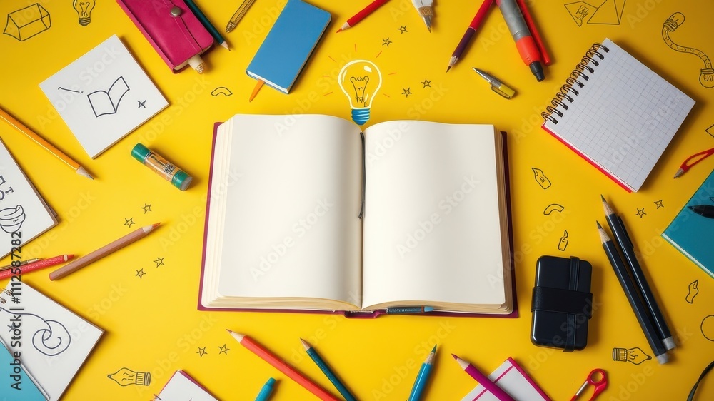 Open Book with a Lightbulb Above It Surrounded by Art Supplies on a Yellow Background Open Book with a Lightbulb Above It Surrounded by Art Supplies on a Yellow Background