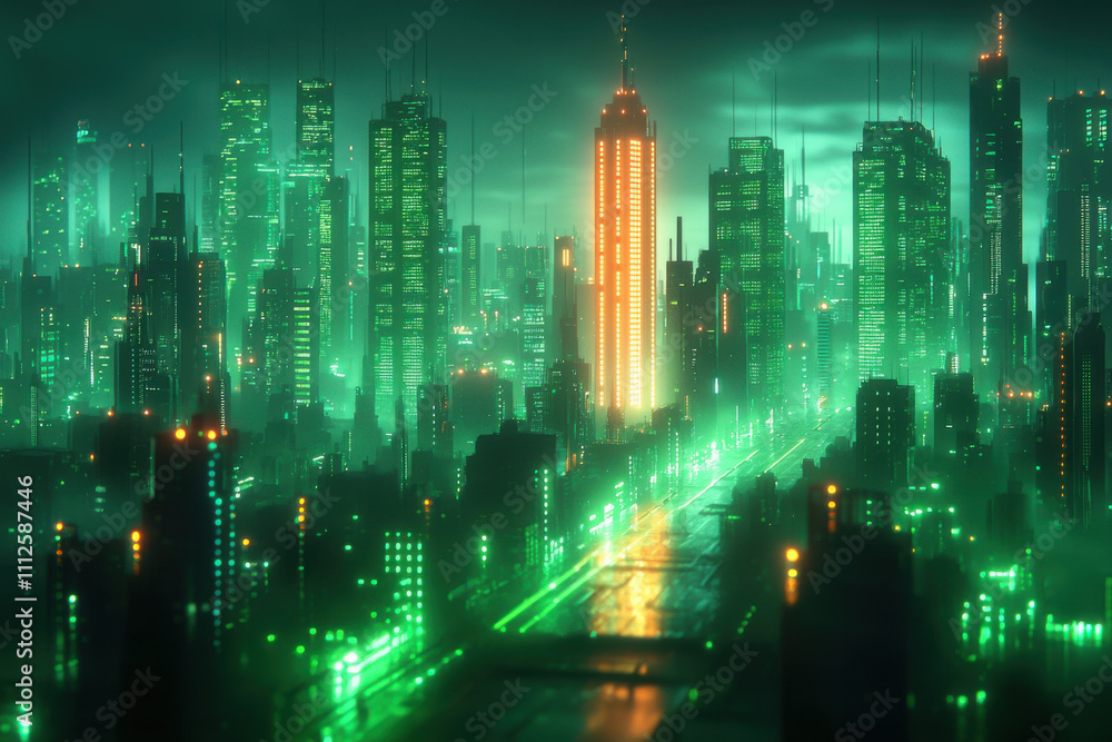 futuristic cityscape featuring glowing skyscrapers and vibrant green lights, creating captivating urban jungle atmosphere. scene evokes sense of wonder and innovation futuristic cityscape featuring glowing skyscrapers and vibrant green lights, creating captivating urban jungle atmosphere. scene evokes sense of wonder and innovation