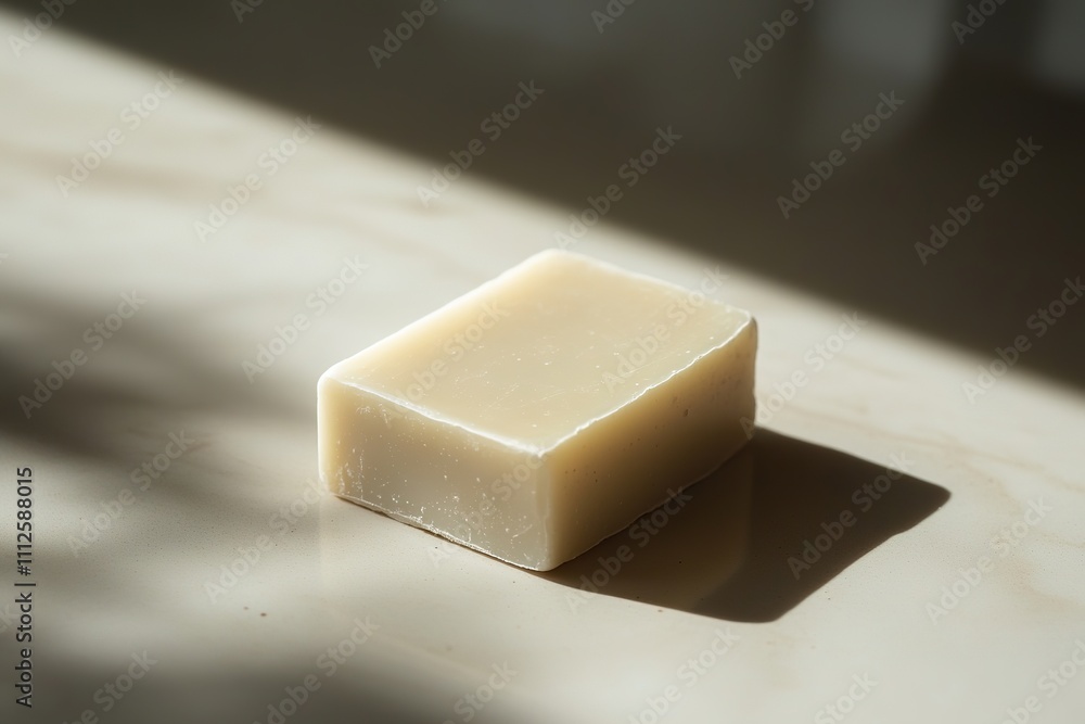 Minimalist soap bar on marble surface in sunlight shadows Minimalist soap bar on marble surface in sunlight shadows