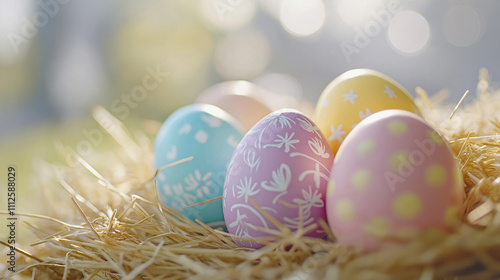 Photo of festive colorful Easter eggs in a nest of hay, eggs painted with flowers, dots and patterns, soft pastel colors photo