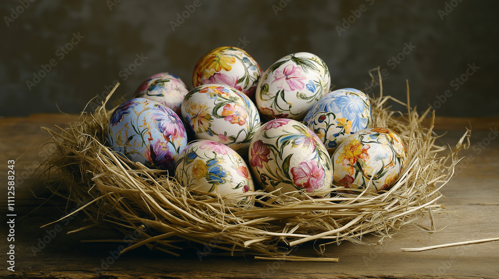 Obraz premium Photo of festive colorful Easter eggs in a nest of hay, eggs painted with flowers, dots and patterns, soft pastel colors