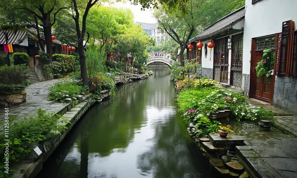 Tranquil Waterway in a Traditional Chinese Garden with Lush Greenery and Wooden Buildings Under Soft Natural Light Tranquil Waterway in a Traditional Chinese Garden with Lush Greenery and Wooden Buildings Under Soft Natural Light