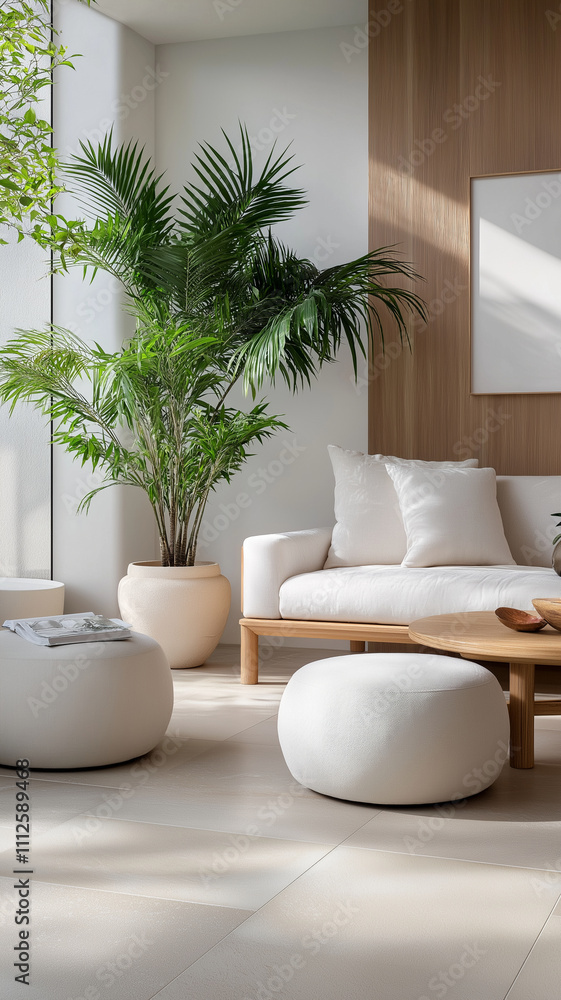 Cozy living room with white sofa, plants, and natural light Cozy living room with white sofa, plants, and natural light