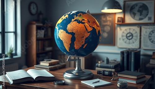 3D Interactive Globe with Educational Tools in a Minimalist Classroom photo