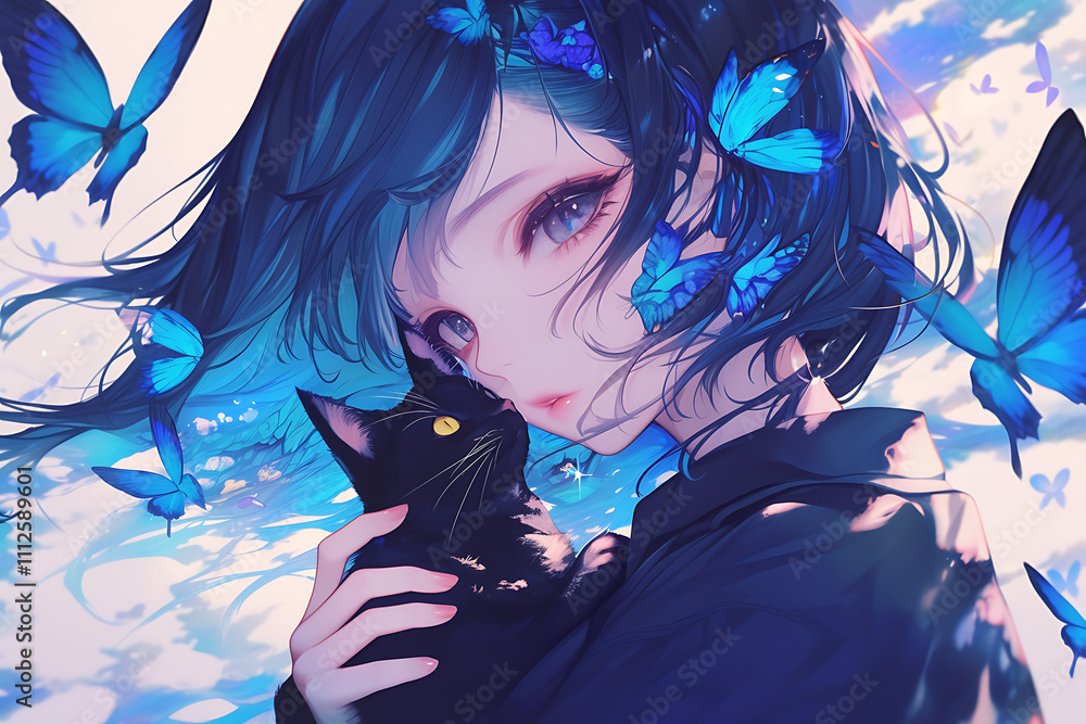 Naklejka premium A girl with black hair holds a black cat, surrounded by blue butterflies in a dreamy landscape.