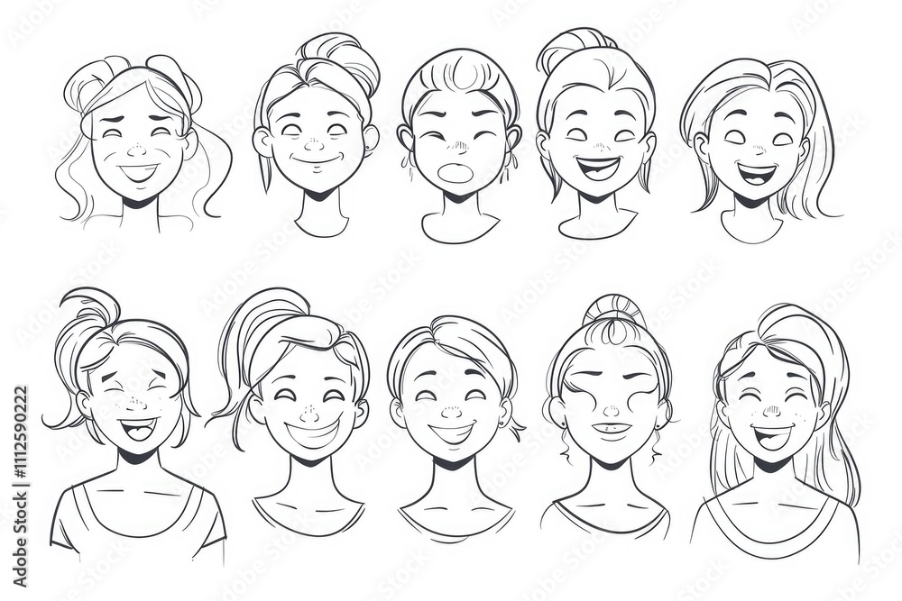 A illustration showing various emotions on a woman's face A illustration showing various emotions on a woman's face