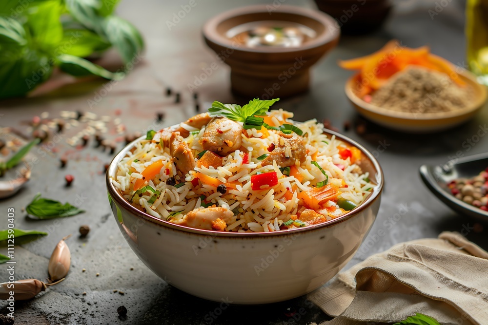 a bowl of traditional biryani with chicken a bowl of traditional biryani with chicken
