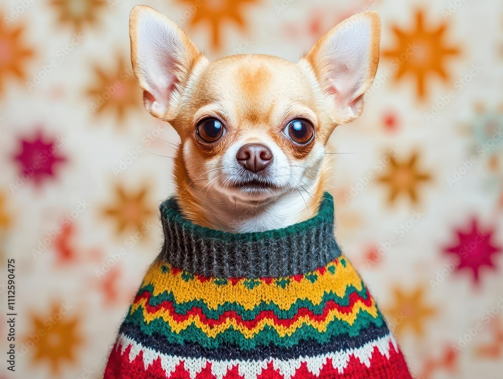 A cute Chihuahua wearing a colorful knitted sweater poses against a festive background adorned with star patterns. A cute Chihuahua wearing a colorful knitted sweater poses against a festive background adorned with star patterns.