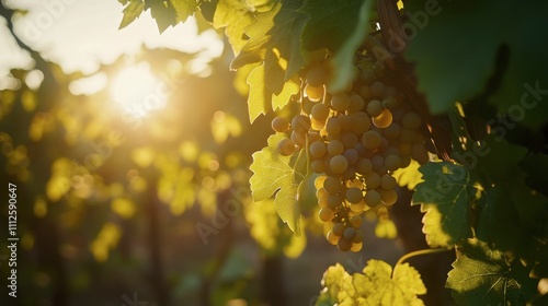 Glowing Sunset Over Vineyard with Bunches of Ripe Grapes