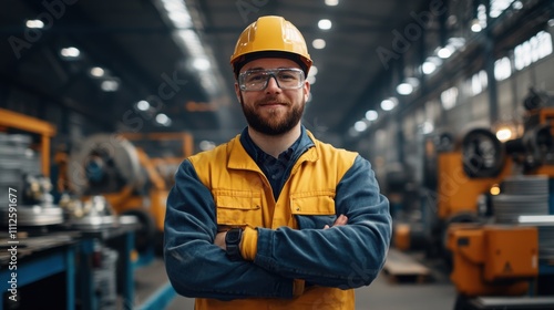 Confident Male Worker in Safety Gear Standing Proudly in Industrial Workshop with Machinery and Tools, Emphasizing Safety and Professionalism in Manufacturing Environment