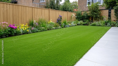 Fototapeta Naklejka Na Ścianę i Meble -  Stunning wooden garden fence enhances backyard charm with vibrant flowers and lush green lawn