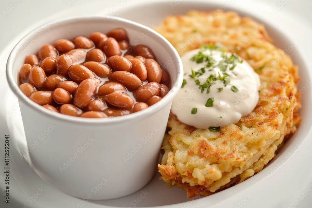 A plate of food featuring beans and a side of sour cream A plate of food featuring beans and a side of sour cream