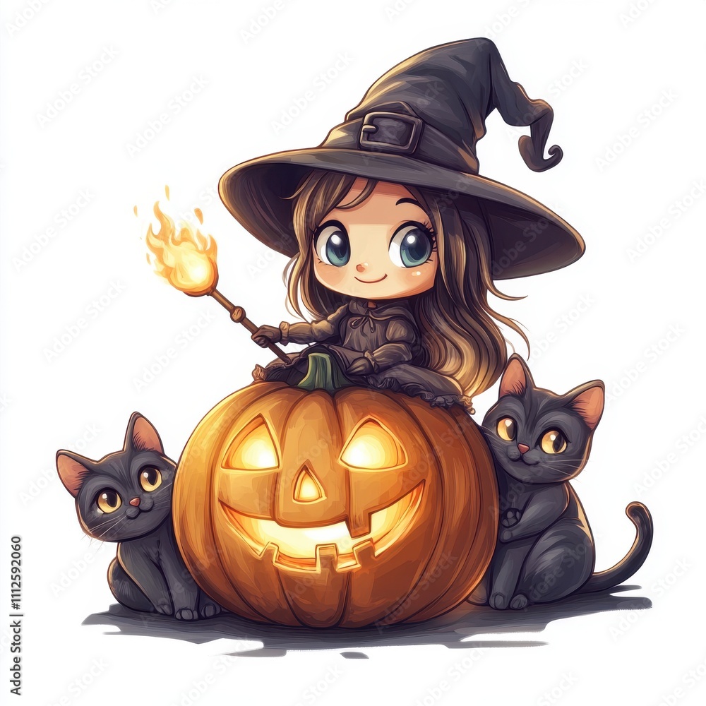 A cute witch with a pumpkin and two black cats, perfect for Halloween themes and festive illustrations. A cute witch with a pumpkin and two black cats, perfect for Halloween themes and festive illustrations.