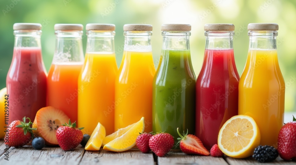 Fresh and colorful fruit juices in clear glass bottles , juice, refreshment, healthy, beverage, drink, detox, organic Fresh and colorful fruit juices in clear glass bottles , juice, refreshment, healthy, beverage, drink, detox, organic