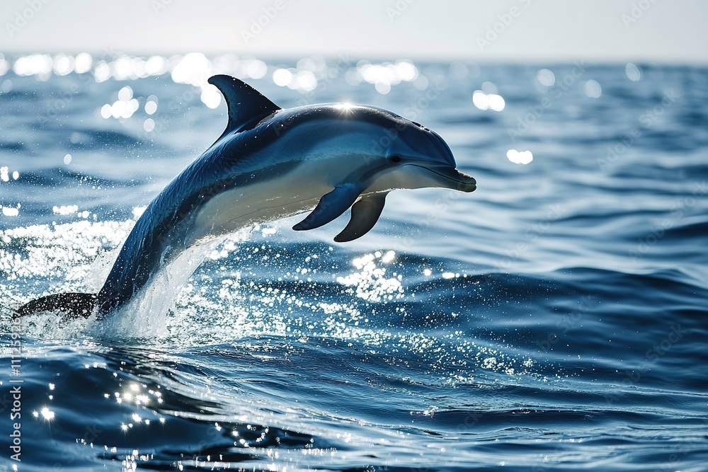 Fototapeta premium Dolphin leaping from glittering ocean under sunlight