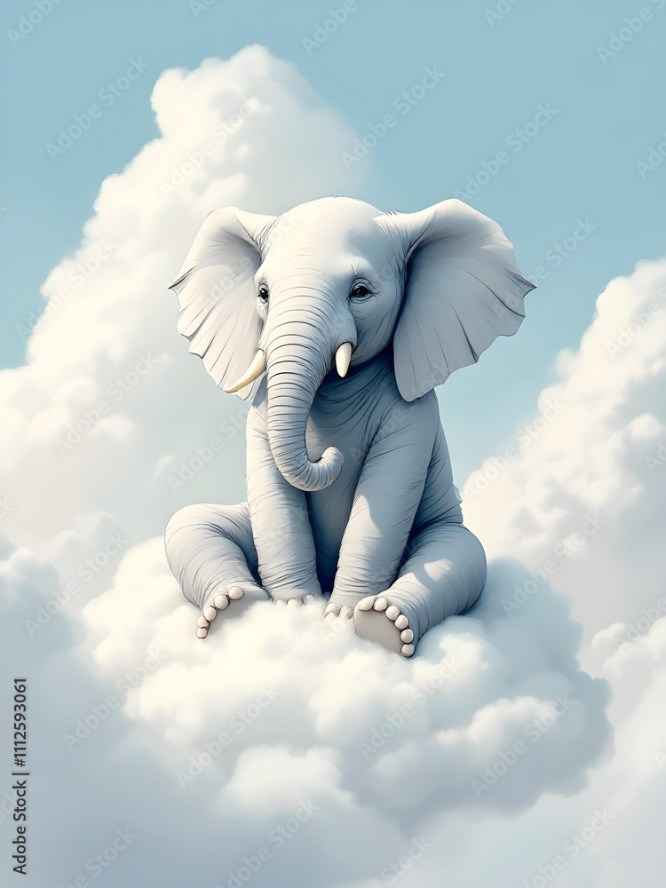 A whimsical illustration of a small elephant sitting on a fluffy cloud, gazing up at the sky A whimsical illustration of a small elephant sitting on a fluffy cloud, gazing up at the sky