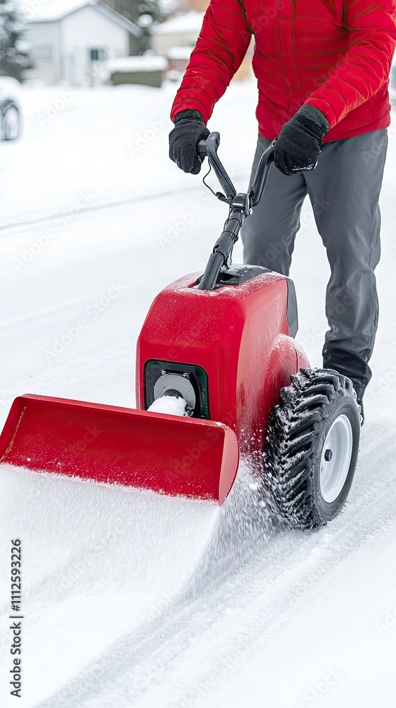 Obraz premium Man clears heavy snow from residential street using electric snow blower on a winter day