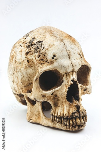 A close-up view of a skull on a white surface, perfect for use in Halloween-themed designs or as a symbol of mortality