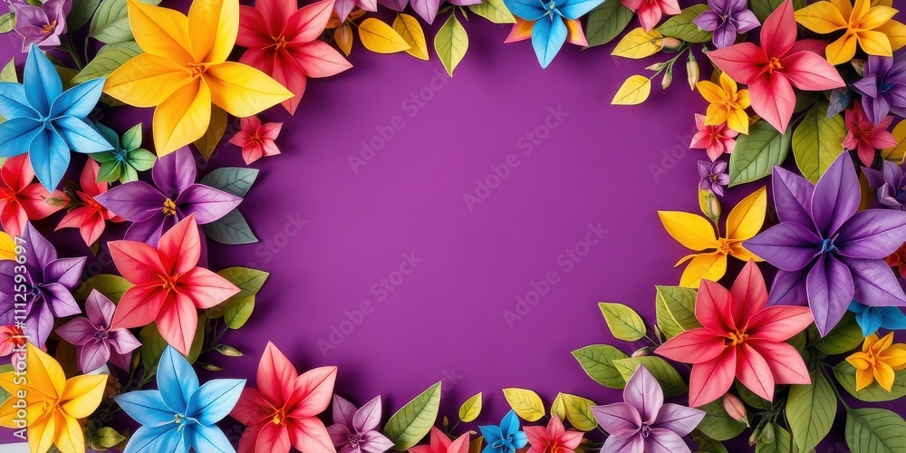 Vibrant Floral Arrangement on a Purple Background, Creating a Blank Canvas for Text or Images Vibrant Floral Arrangement on a Purple Background, Creating a Blank Canvas for Text or Images