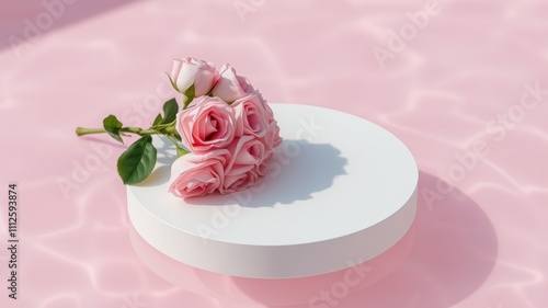 A delicate bouquet of pink roses rests on a white podium, casting soft shadows on a shimmering pink surface.