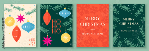 Modern festive vector illustration with fir branches, balls, snowflakes and stars. Flyer design for advertising, cover, social networks.