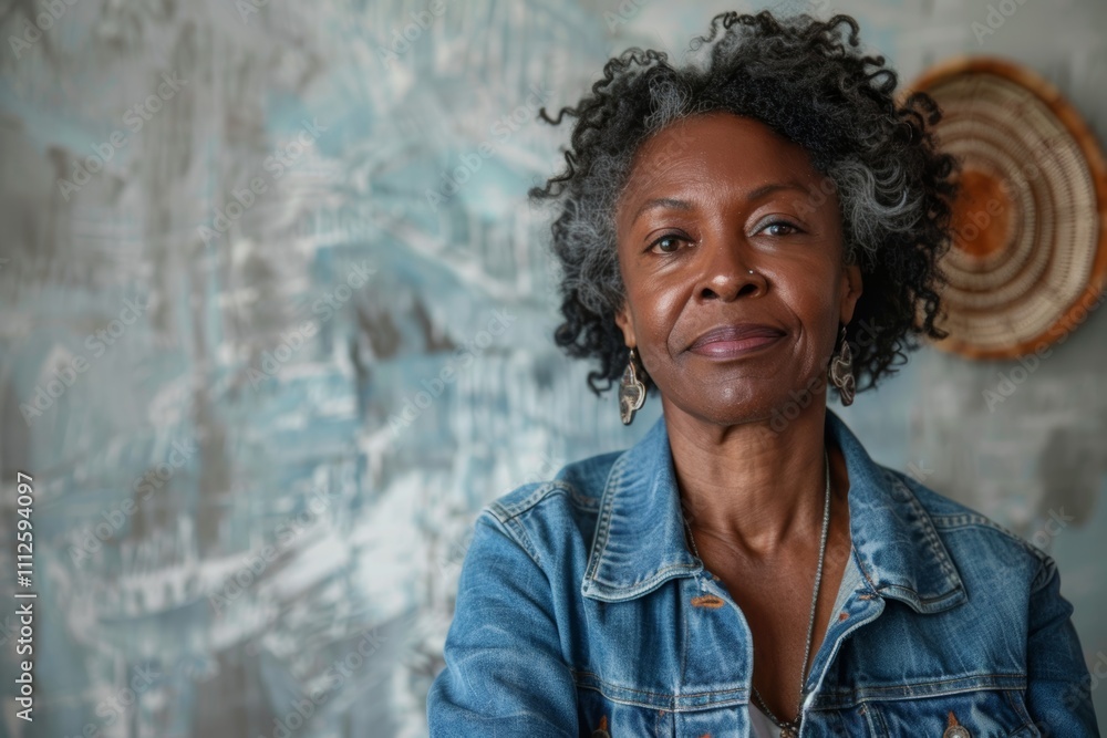 Portrait of a content afro-american woman in her 60s sporting a rugged denim jacket isolated in modern minimalist interior Portrait of a content afro-american woman in her 60s sporting a rugged denim jacket isolated in modern minimalist interior