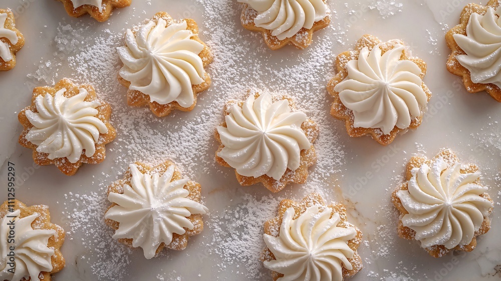 Winter Wonderland Delight - Festive Flat Lay of Snowflake Cookies on Marble Background with Snowy Powdered Sugar Winter Wonderland Delight - Festive Flat Lay of Snowflake Cookies on Marble Background with Snowy Powdered Sugar