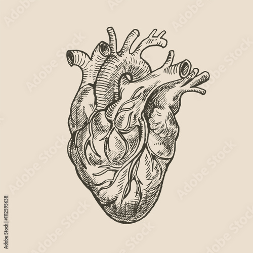 Heart, anatomically correct depiction of the heart, illustration in the style of a medieval engraving