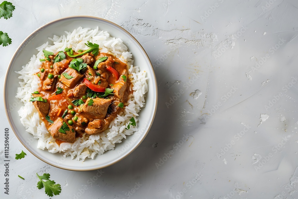 A bowl of spicy vindaloo curry with rice, placed on a neutral background with ample copy space. A bowl of spicy vindaloo curry with rice, placed on a neutral background with ample copy space.