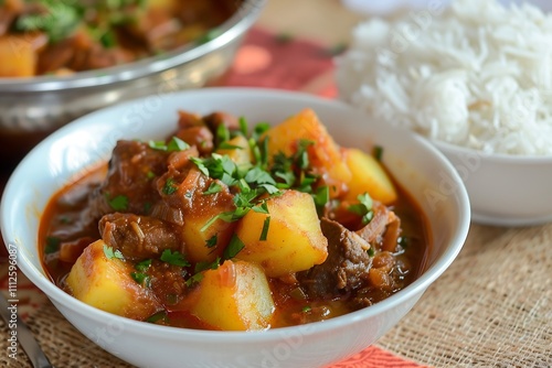 A dish of aloo gosht with a bowl of rice, on a homely kitchen background with copy space photo