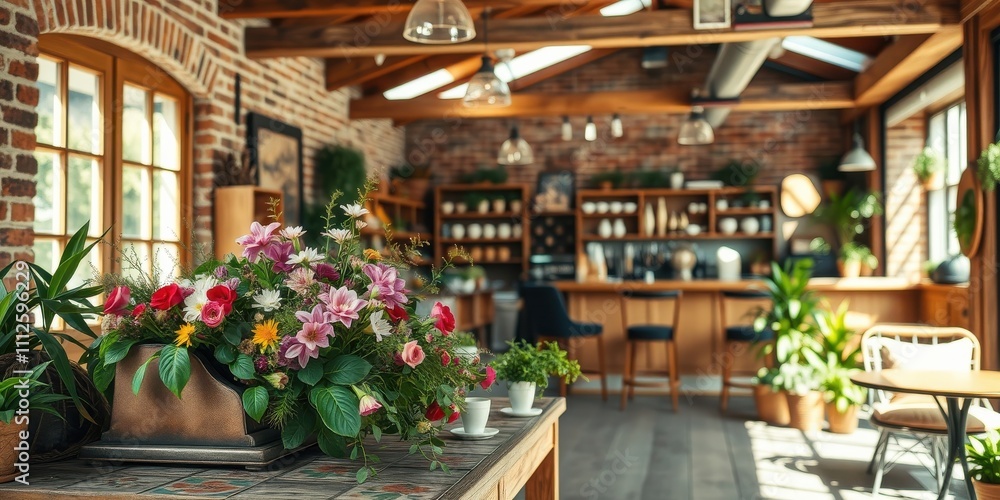 A Rustic Cafe Interior Featuring a Vibrant Floral Arrangement on a Wooden Table A Rustic Cafe Interior Featuring a Vibrant Floral Arrangement on a Wooden Table