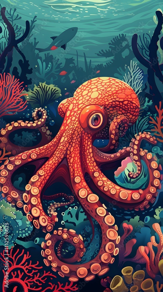 Obraz premium Octopus and beautiful underwater scenery, Underwater Scene with Incredible Commotion of an Octopus