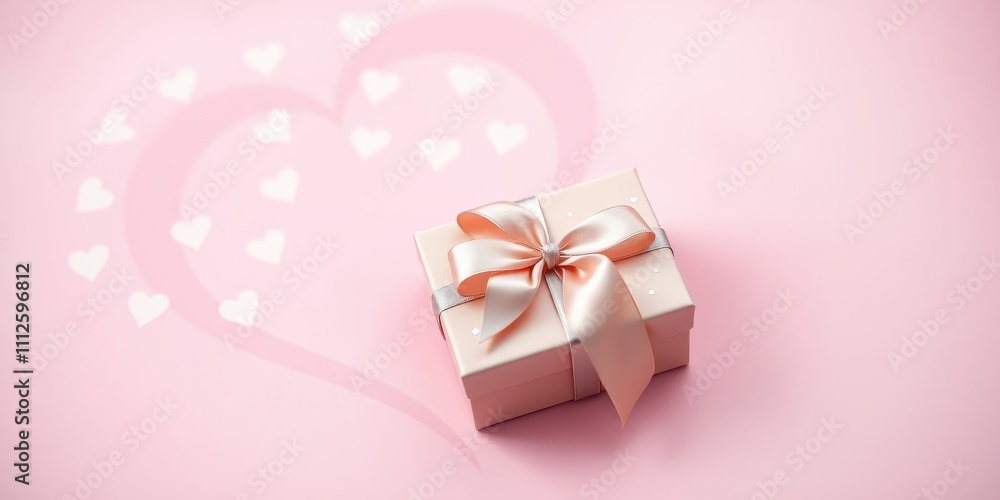 Fototapeta premium A pink gift box with a satin ribbon bow sits in front of a heart shape made from soft light shadows on a delicate pink background.