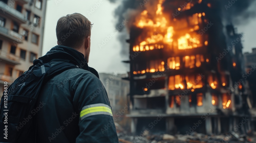 A Firefighter Stands in Awe Before a Burning Building, Witnessing the Dangers of Inferno Amidst Urban Destruction in a Devastated City Landscape A Firefighter Stands in Awe Before a Burning Building, Witnessing the Dangers of Inferno Amidst Urban Destruction in a Devastated City Landscape