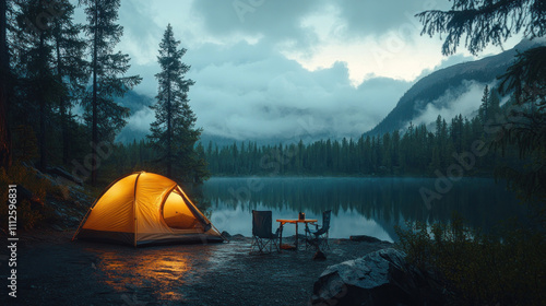 Illuminated tent by tranquil forest lake at night.