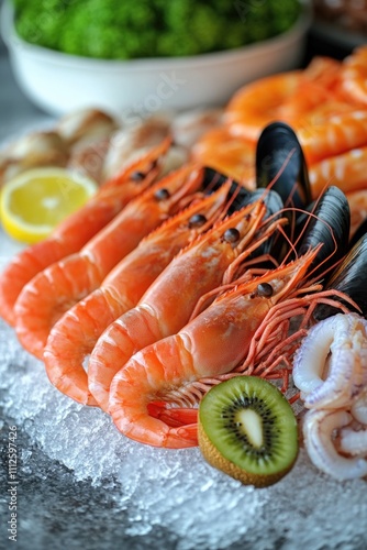 A plate of fresh seafood including shrimp, mussels and kiwi fruit, ideal for a dinner party or special occasion photo