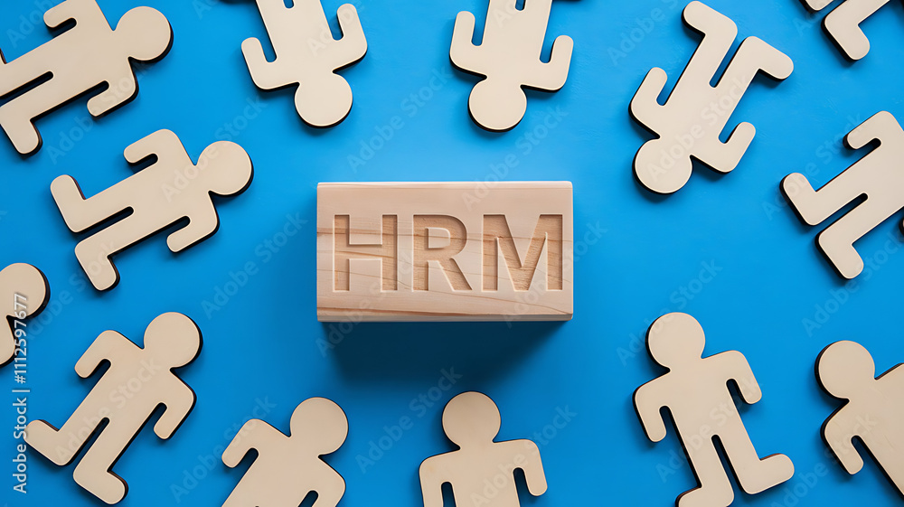 HRM: Human Resources Management, Employee Engagement, Recruitment, and Organizational Growth, human resources management concept. Wooden figures on the blue background, hrm copy space, hrm background HRM: Human Resources Management, Employee Engagement, Recruitment, and Organizational Growth, human resources management concept. Wooden figures on the blue background, hrm copy space, hrm background