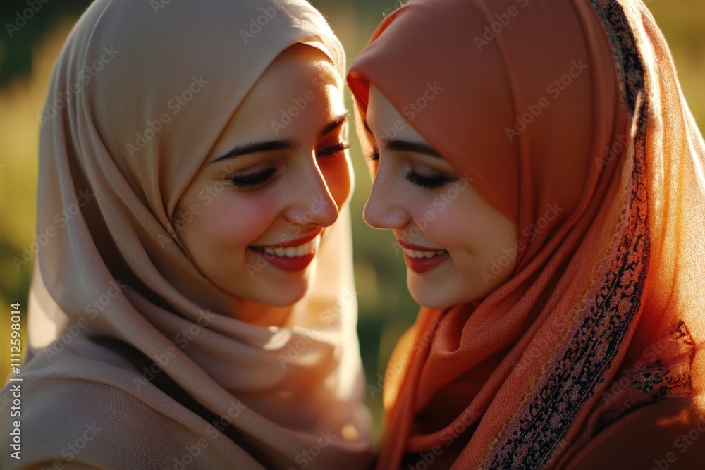 Two women in hijabs looking at each other, a moment of connection and understanding Two women in hijabs looking at each other, a moment of connection and understanding