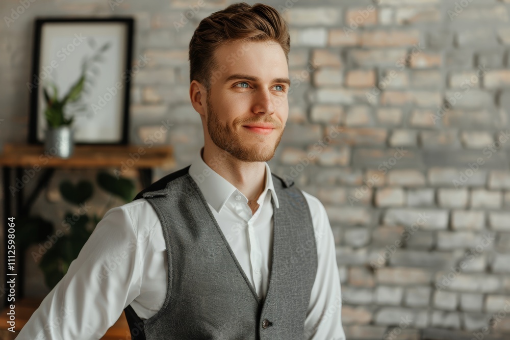 Portrait of a glad caucasian man in his 20s dressed in a polished vest isolated on modern minimalist interior Portrait of a glad caucasian man in his 20s dressed in a polished vest isolated on modern minimalist interior