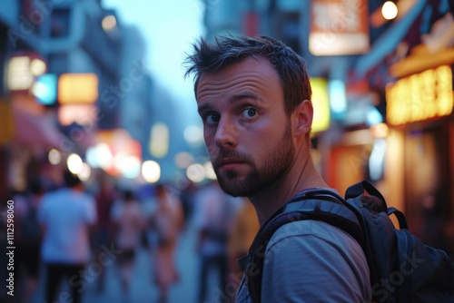 A person walking down a urban street with a backpack, possibly commuting or traveling