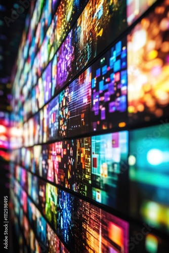 A close-up shot of a TV wall with multiple screens and bright lights