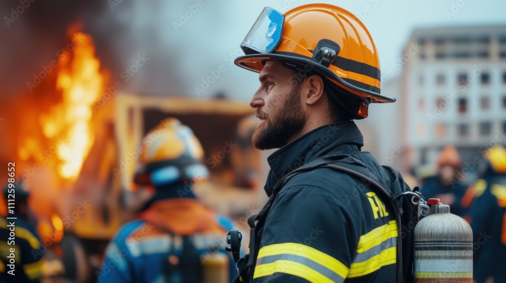 Brave firefighter in action during a dramatic emergency response, showcasing teamwork and courage in tackling a fierce fire at a large industrial site. Brave firefighter in action during a dramatic emergency response, showcasing teamwork and courage in tackling a fierce fire at a large industrial site.