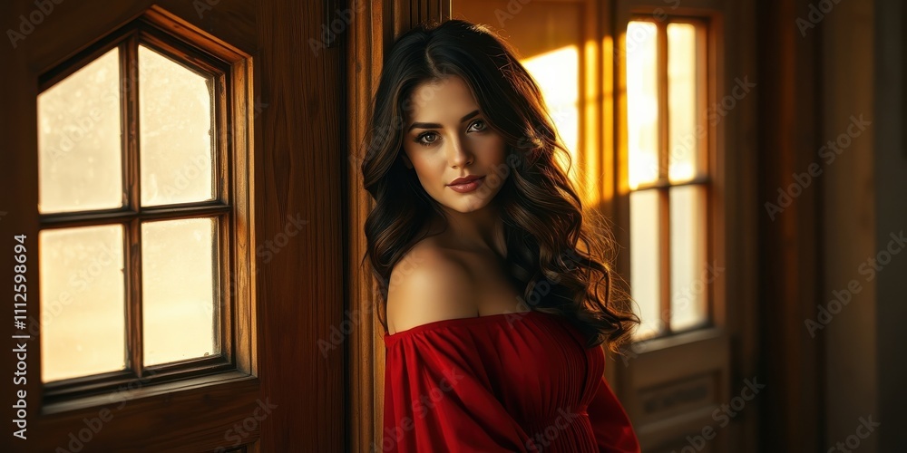 Fototapeta premium A woman with long dark hair stands beside a wooden door, bathed in the warm glow of the setting sun, her red dress adding a dash of color to the scene.