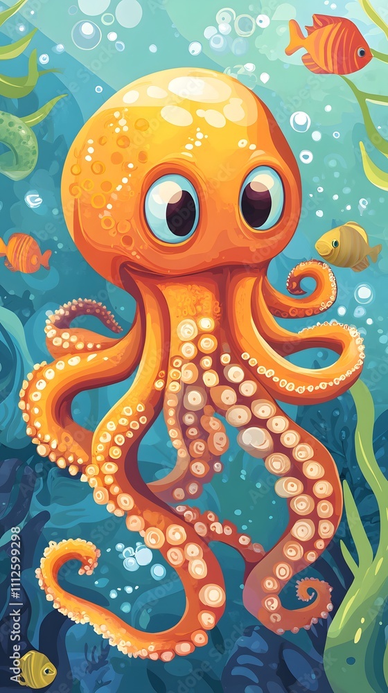 Fototapeta premium Octopus and beautiful underwater scenery, Underwater Scene with Incredible Commotion of an Octopus