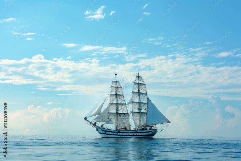 A large sailboat floating on calm waters, perfect for use in travel, adventure, or nautical-themed images A large sailboat floating on calm waters, perfect for use in travel, adventure, or nautical-themed images