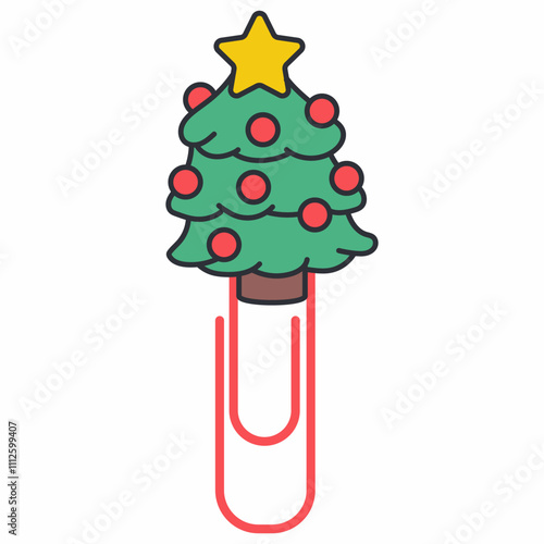 Paper clip with Christmas tree vector cartoon illustration isolated on a white background.